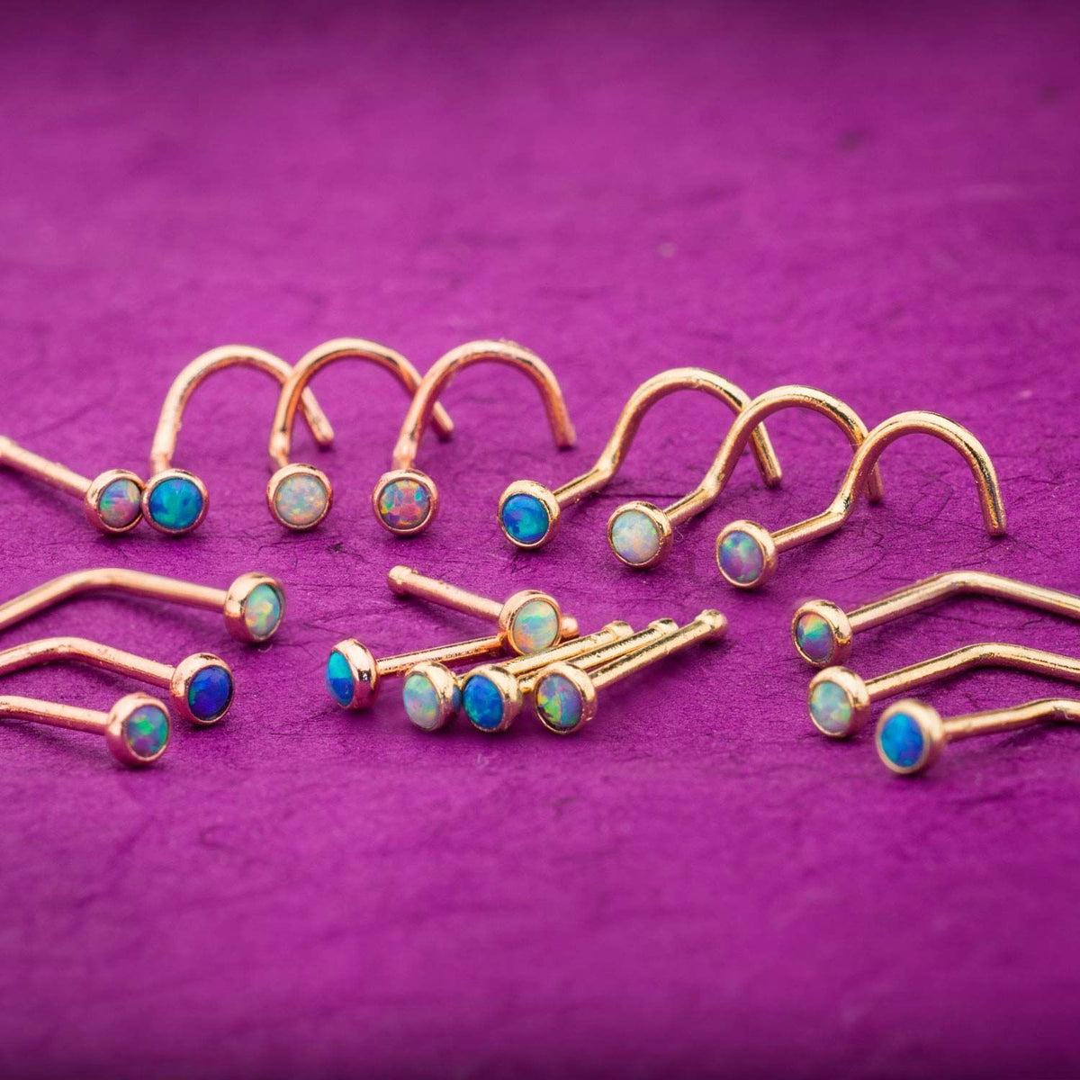 20g Rose Gold Nose Screw Nose Ring 2mm Bezel Set Synthetic Opal