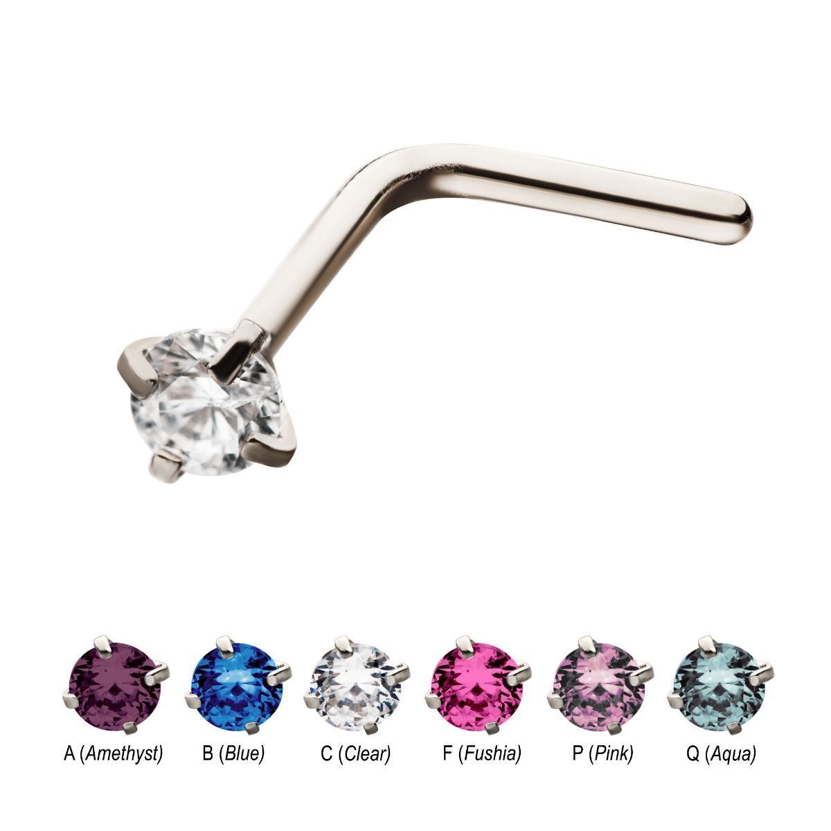 Nose Ring - L-Shaped Nose Ring 20g with a Prong Set Gem Top L Bend sbvno-0227 -Rebel Bod-RebelBod