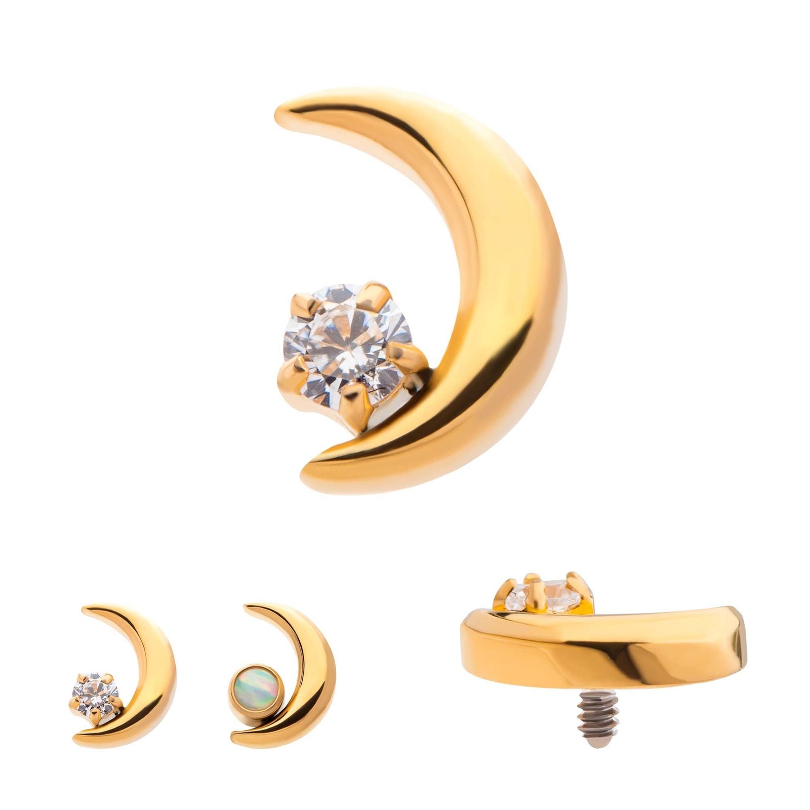 24Kt Gold PVD Titanium Internally Threaded Crescent Moon CZ/Opal Top tip24ktd57-16c -Rebel Bod-RebelBod