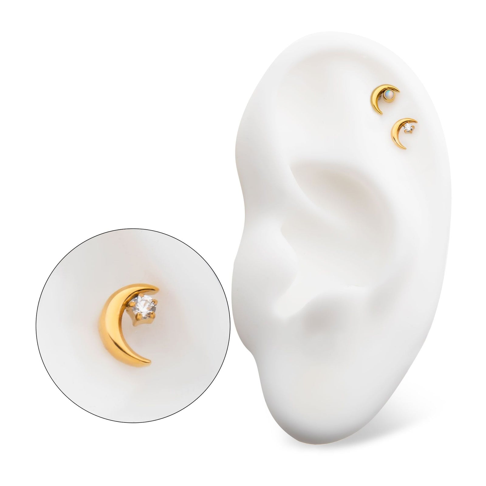 24Kt Gold PVD Titanium Internally Threaded Crescent Moon CZ/Opal Top tip24ktd57-16c -Rebel Bod-RebelBod