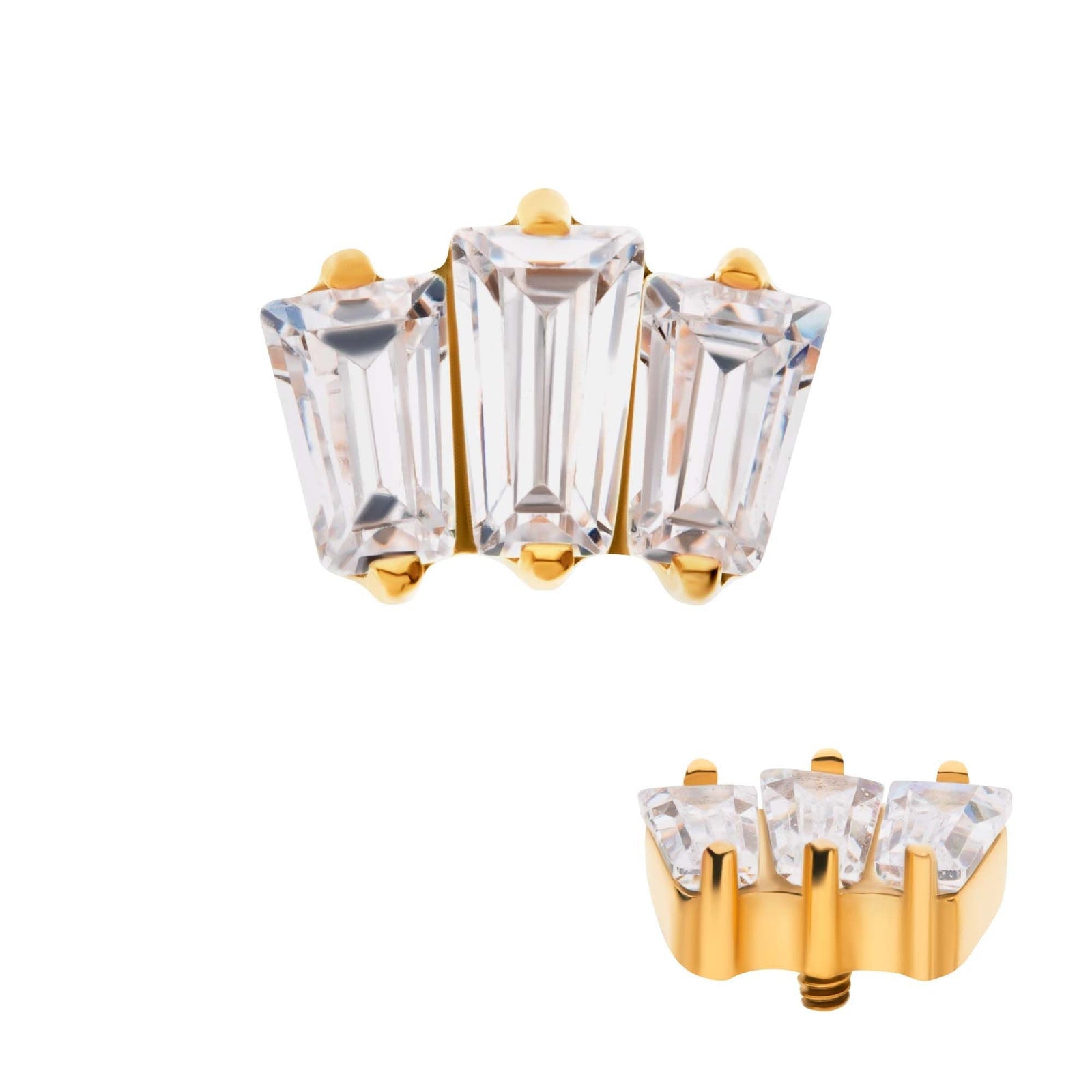 24Kt Gold PVD Titanium Internally Threaded Prong Set Baguette CZ 3-Cluster Top tip24td703-16 -Rebel Bod-RebelBod
