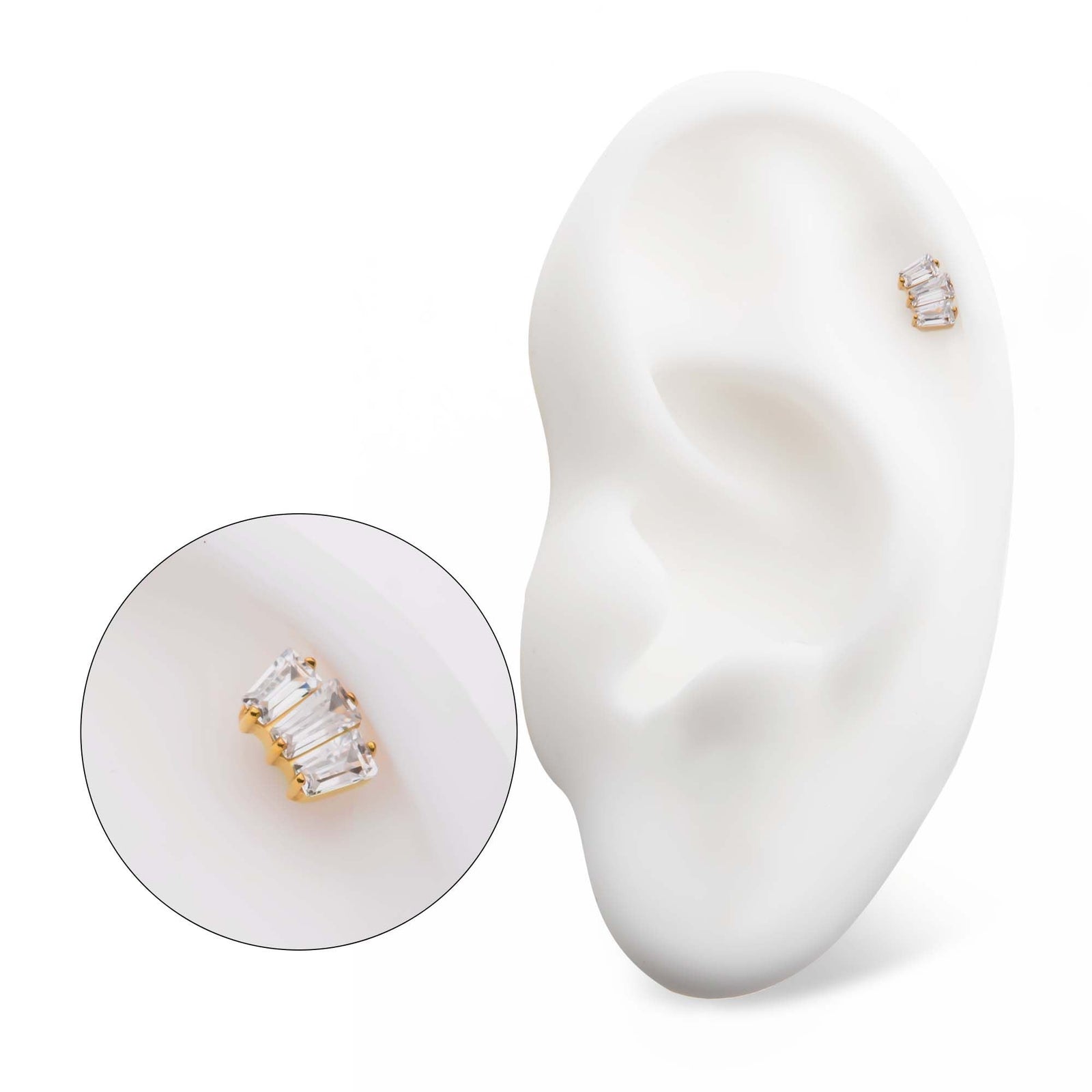24Kt Gold PVD Titanium Internally Threaded Prong Set Baguette CZ 3-Cluster Top tip24td703-16 -Rebel Bod-RebelBod