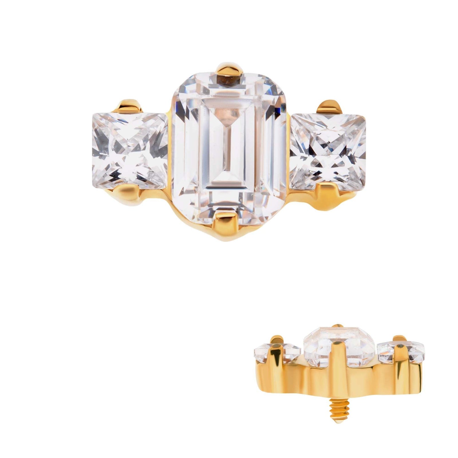 24Kt Gold PVD Titanium Internally Threaded Prong Set Emerald Cut Square CZ 3-Cluster Top tip24td702-16 -Rebel Bod-RebelBod