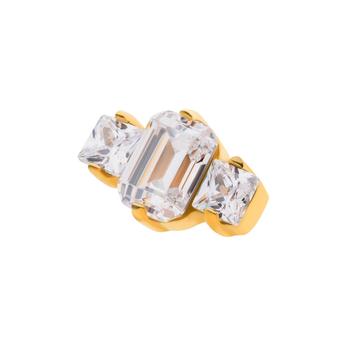 24Kt Gold PVD Titanium Internally Threaded Prong Set Emerald Cut Square CZ 3-Cluster Top tip24td702-16 -Rebel Bod-RebelBod