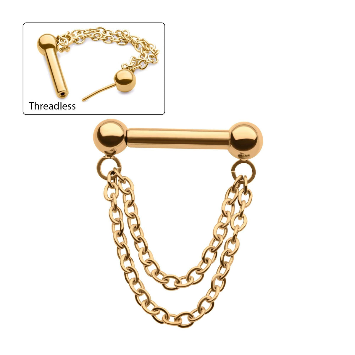 24Kt Gold PVD Titanium One Side Threadless, One Side Fixed Septum Bar Balls Two Gold Plated Chains tip24ksep61c2 -Rebel Bod-RebelBod