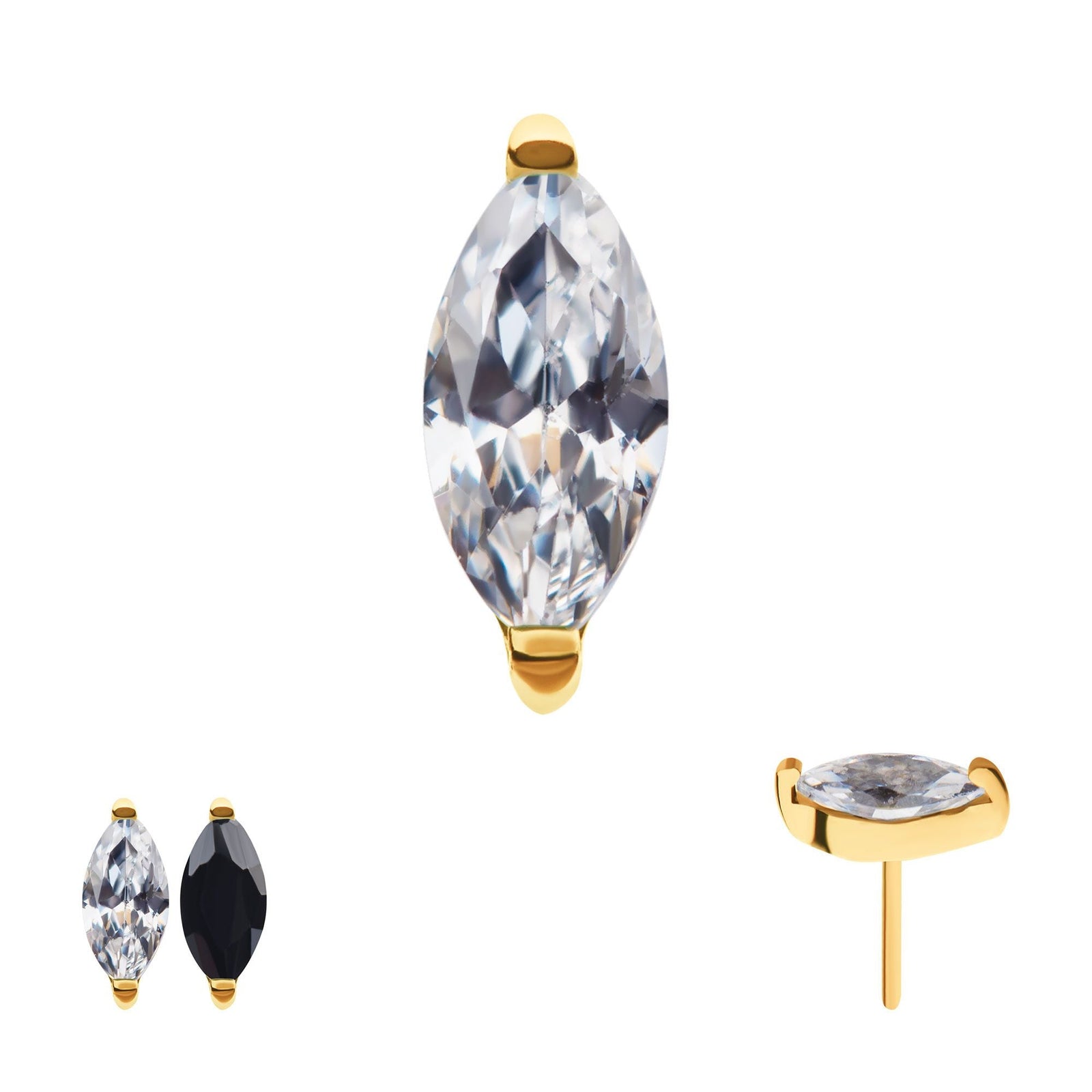 24Kt Gold PVD Titanium Threadless 2-Prong Marquise CZ Top tip24ktls38c -Rebel Bod-RebelBod