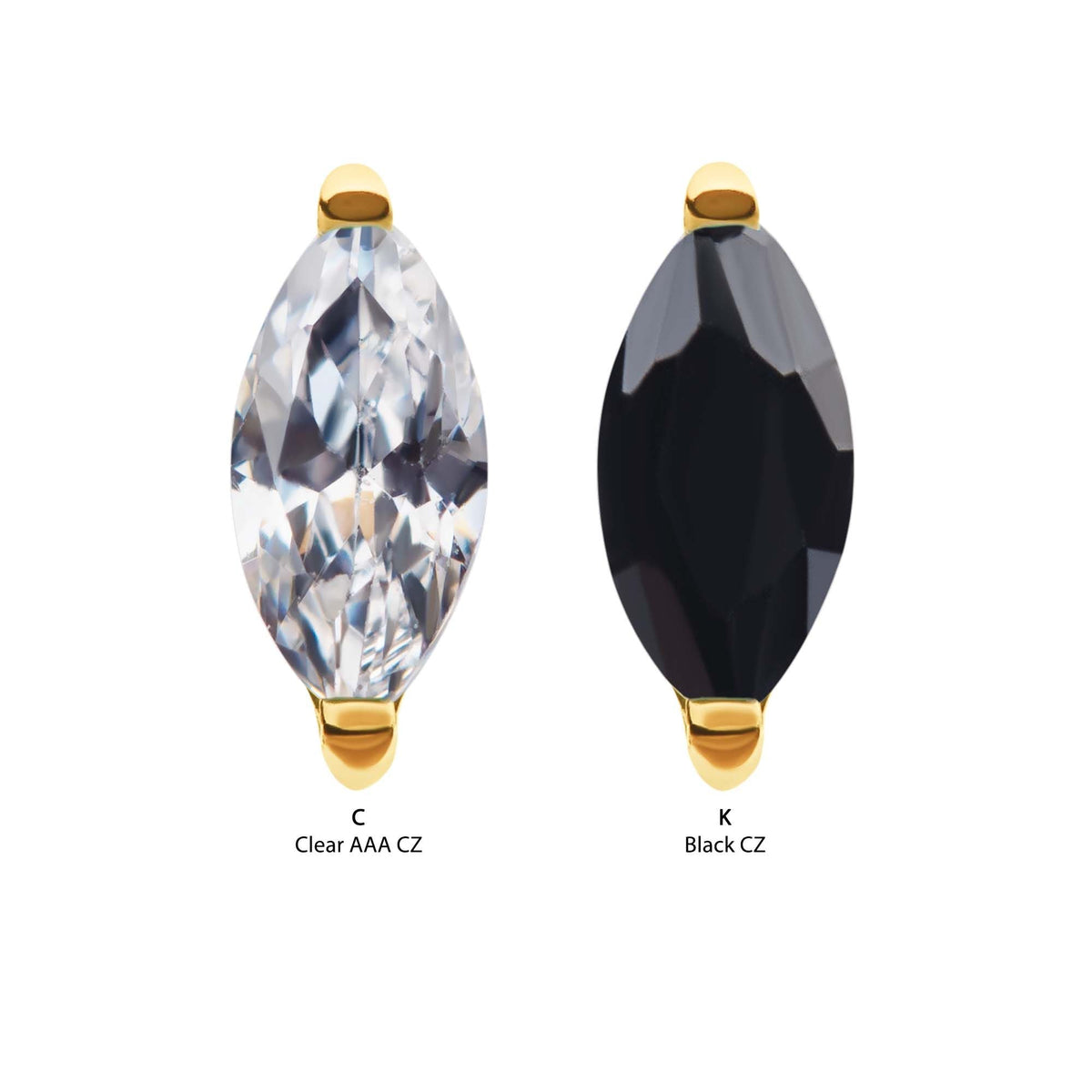 24Kt Gold PVD Titanium Threadless 2-Prong Marquise CZ Top tip24ktls38c -Rebel Bod-RebelBod