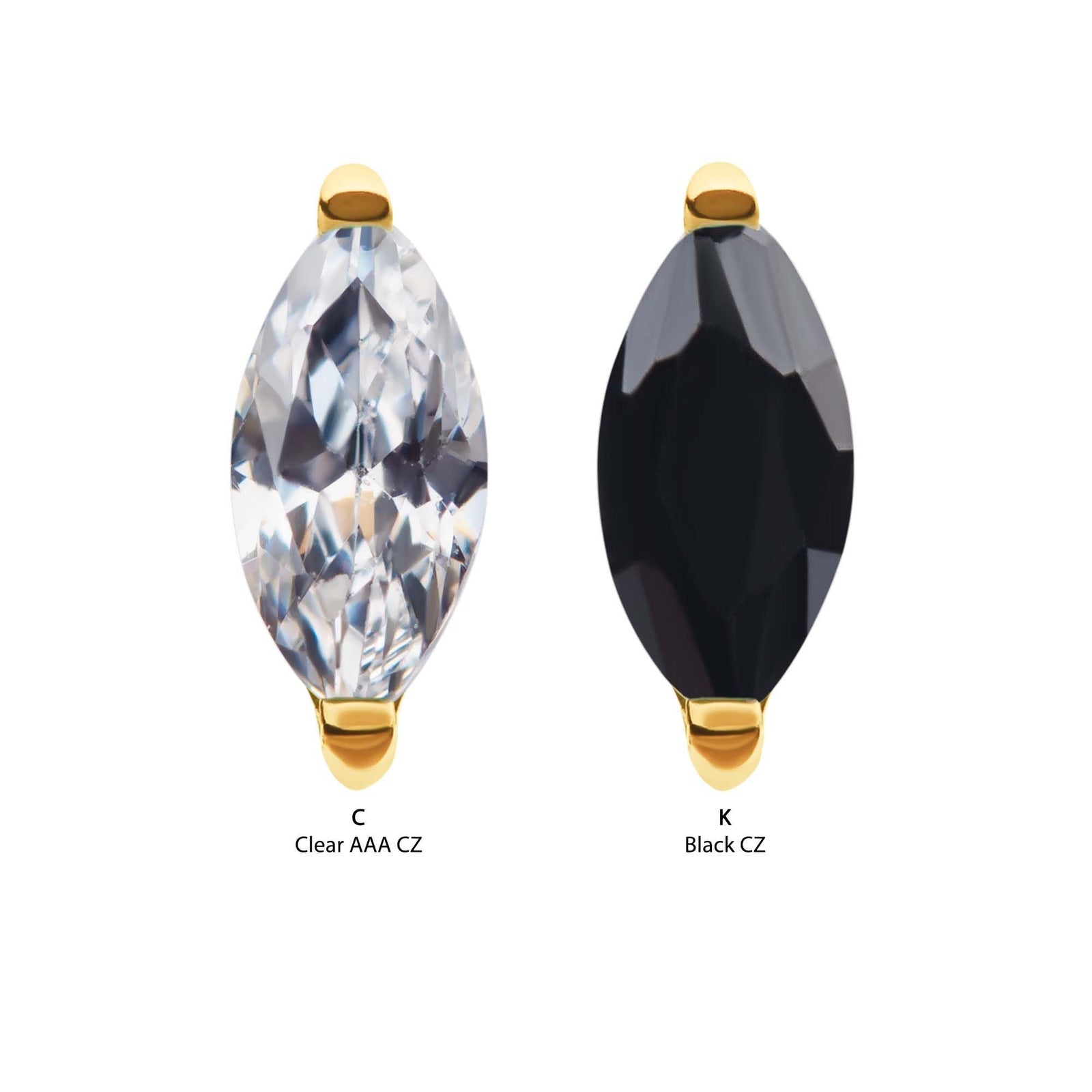 24Kt Gold PVD Titanium Threadless 2-Prong Marquise CZ Top tip24ktls38c -Rebel Bod-RebelBod