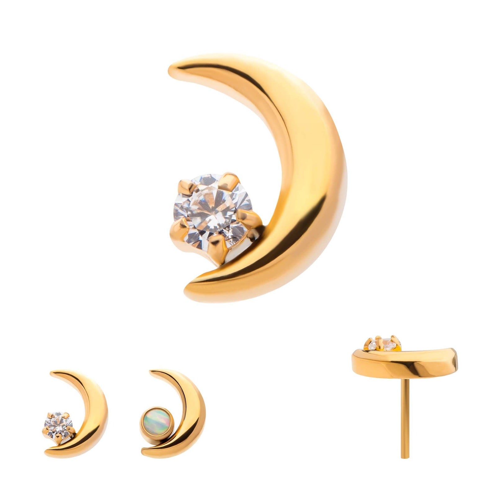 24Kt Gold PVD Titanium Threadless Crescent Moon CZ/Opal Top tip24ktls57c -Rebel Bod-RebelBod
