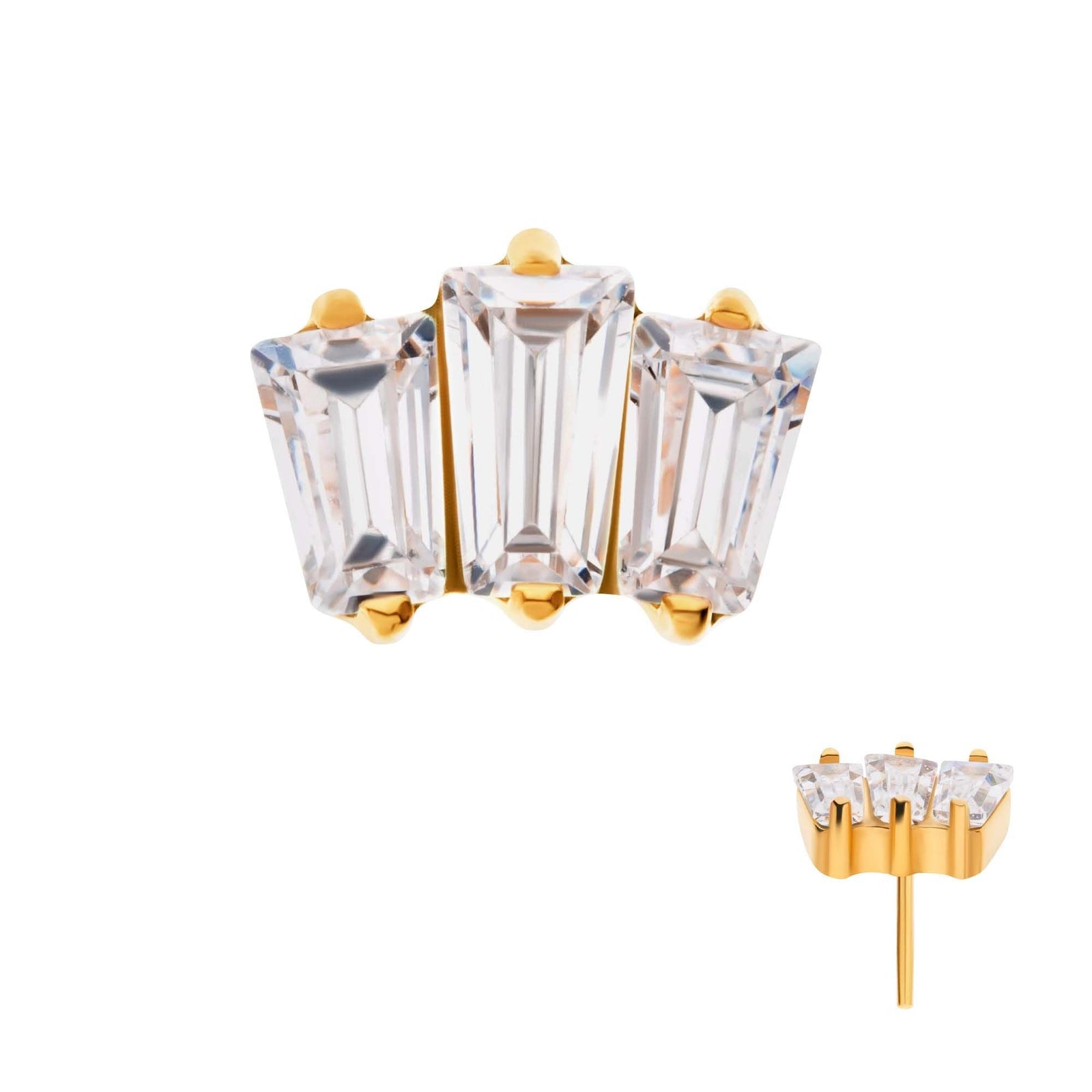 24Kt Gold PVD Titanium Threadless Prong Set Baguette CZ 3-Cluster Top tip24tls703 -Rebel Bod-RebelBod