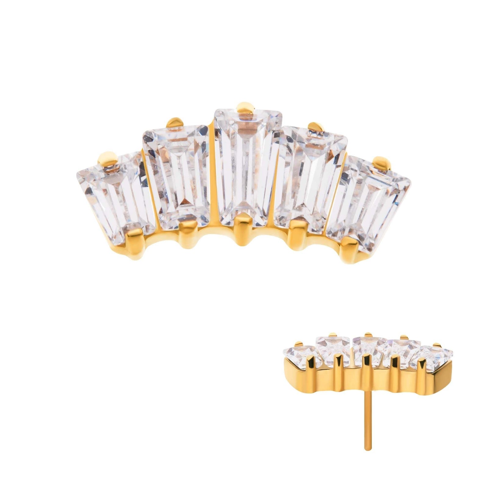 24Kt Gold PVD Titanium Threadless Prong Set Baguette CZ 5-Cluster Top tip24tls705 -Rebel Bod-RebelBod