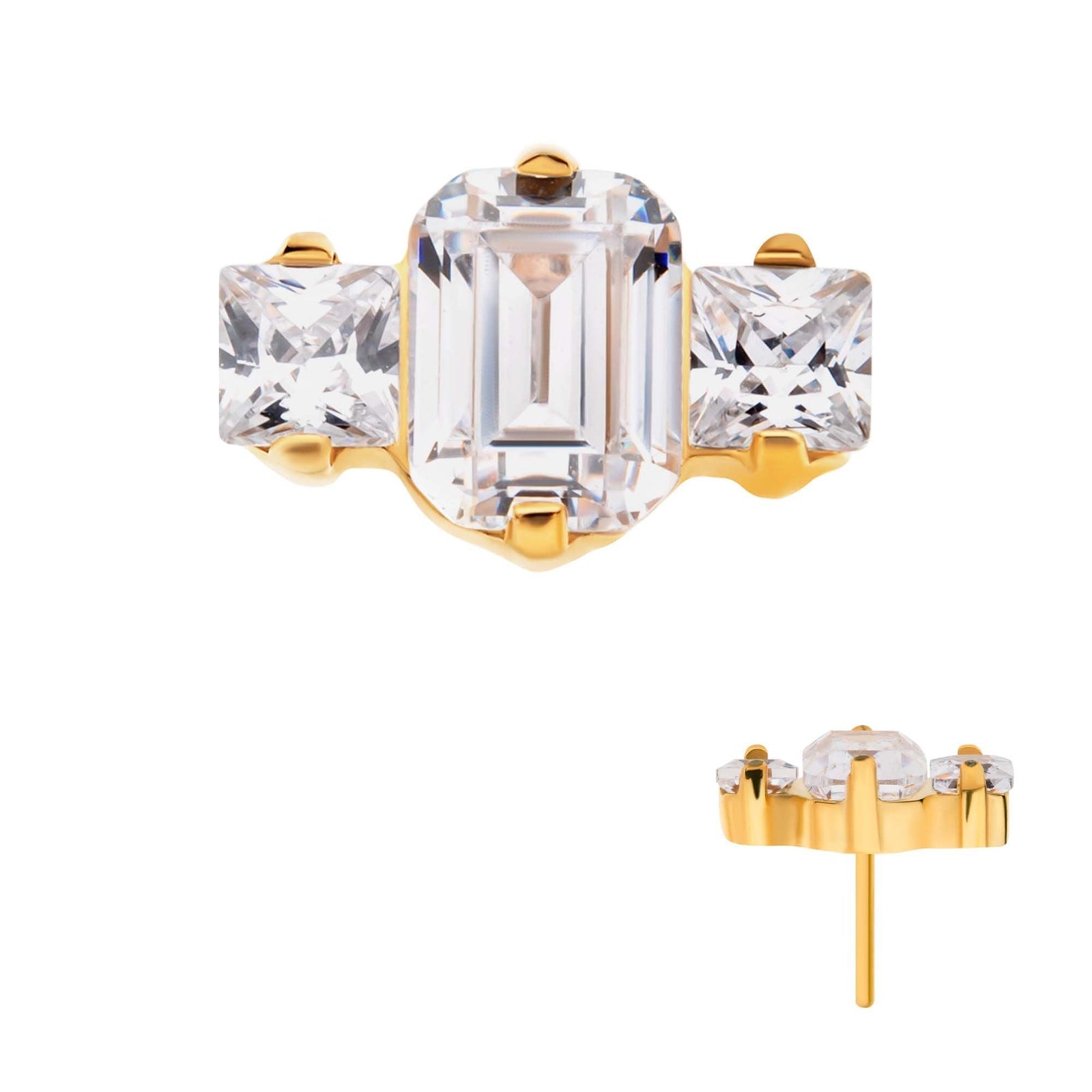 24Kt Gold PVD Titanium Threadless Prong Set Emerald Cut Square CZ 3-Cluster Top tip24tls702 -Rebel Bod-RebelBod