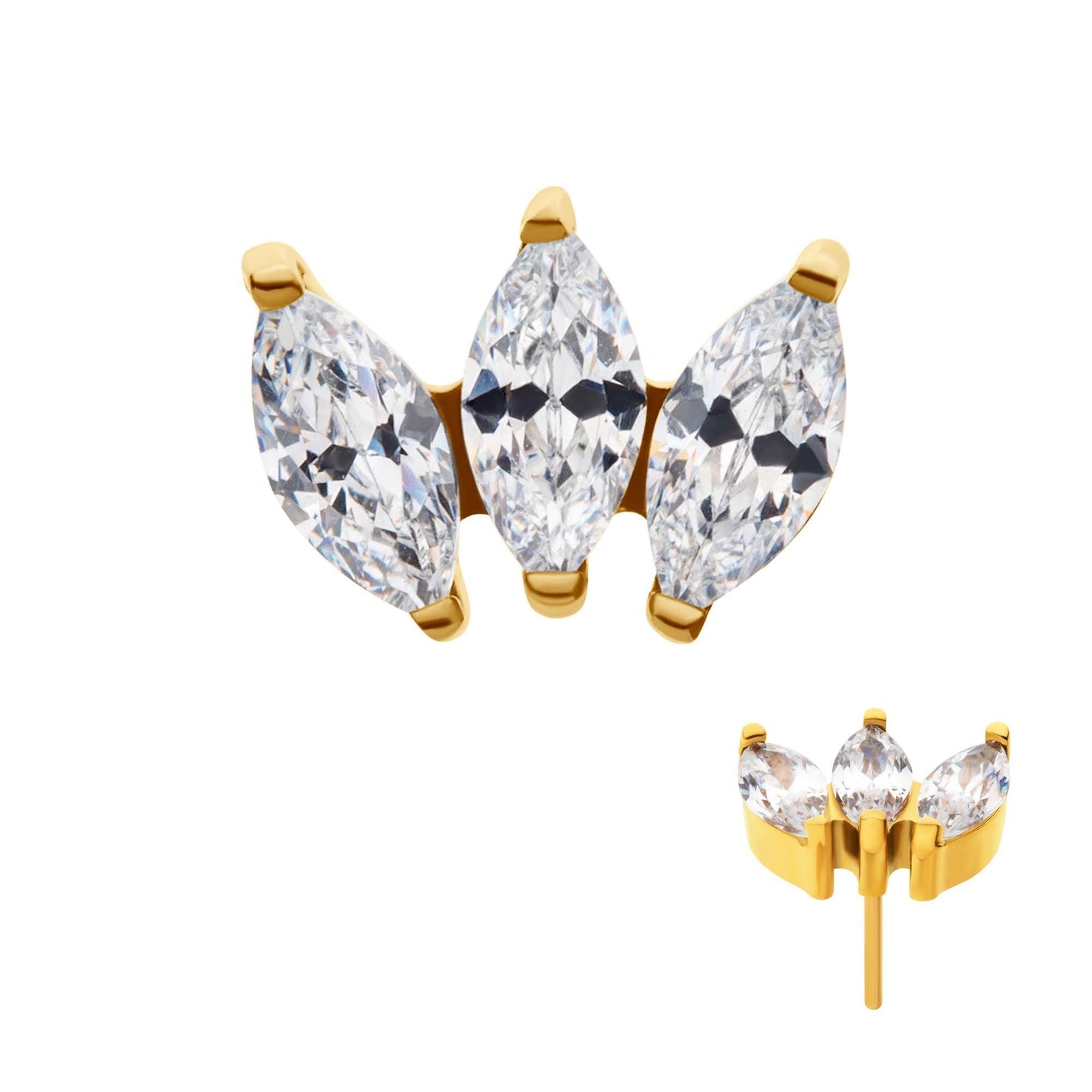 24Kt Gold PVD Titanium Threadless Prong Set Marquise CZ 3-Cluster Top tip24ktls37c -Rebel Bod-RebelBod