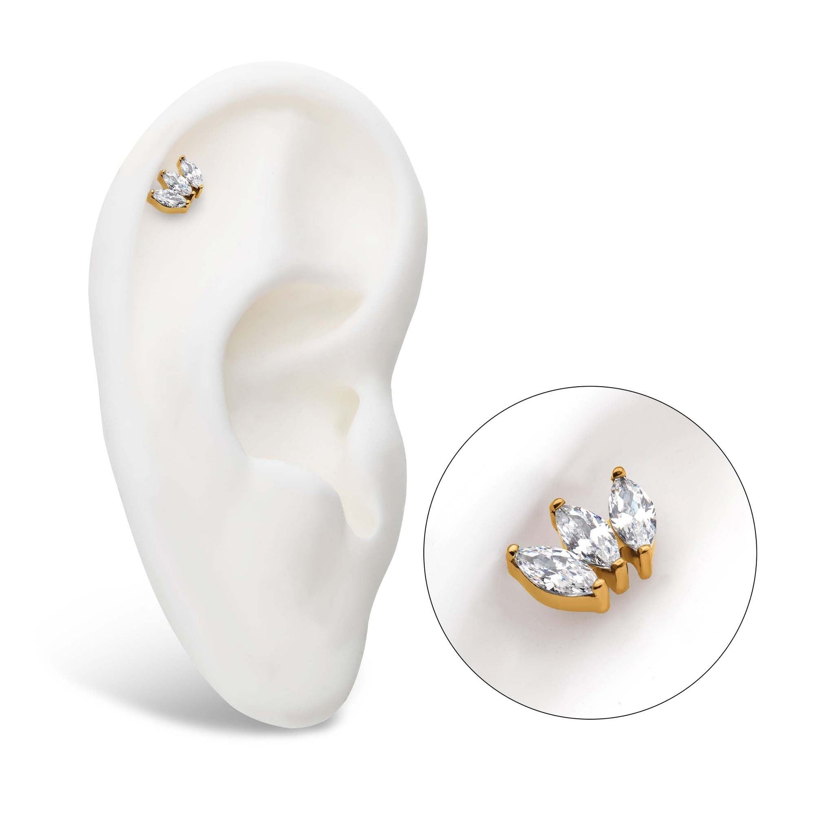 24Kt Gold PVD Titanium Threadless Prong Set Marquise CZ 3-Cluster Top tip24ktls37c -Rebel Bod-RebelBod