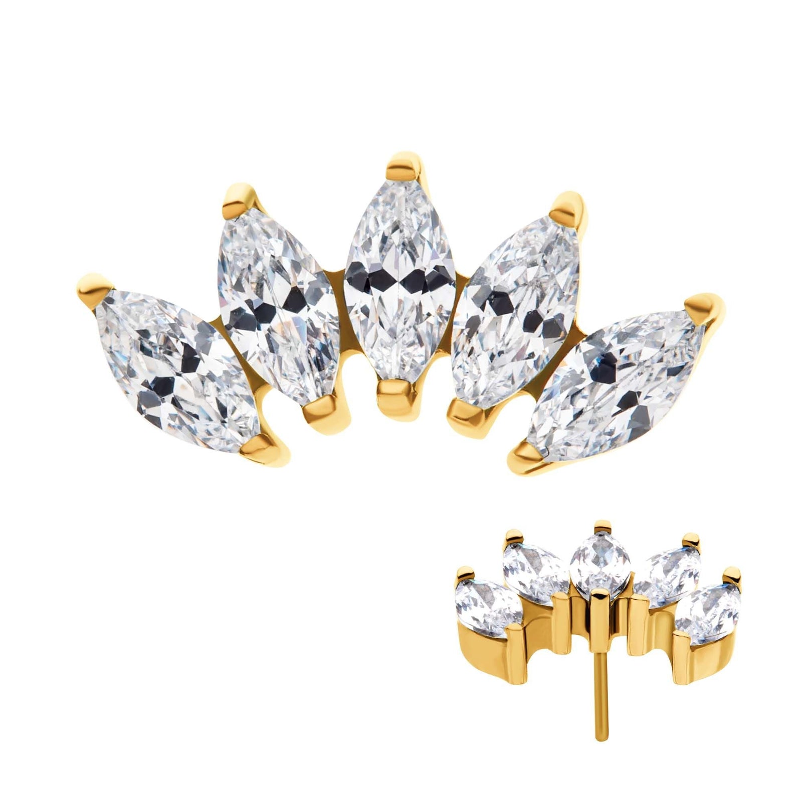 24Kt Gold PVD Titanium Threadless Prong Set Marquise CZ 5-Cluster Top tip24ktls375c -Rebel Bod-RebelBod