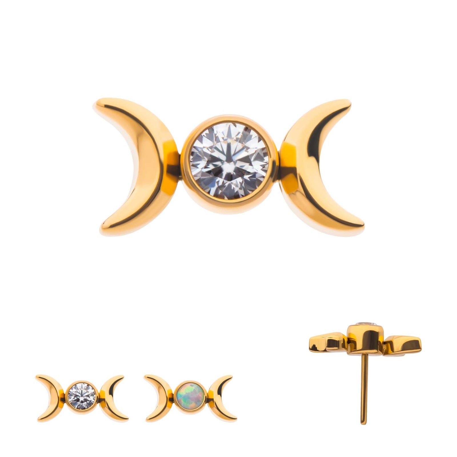 24Kt Gold PVD Titanium Threadless Triple Moon Phase CZ/Opal Top tip24ktls56c -Rebel Bod-RebelBod