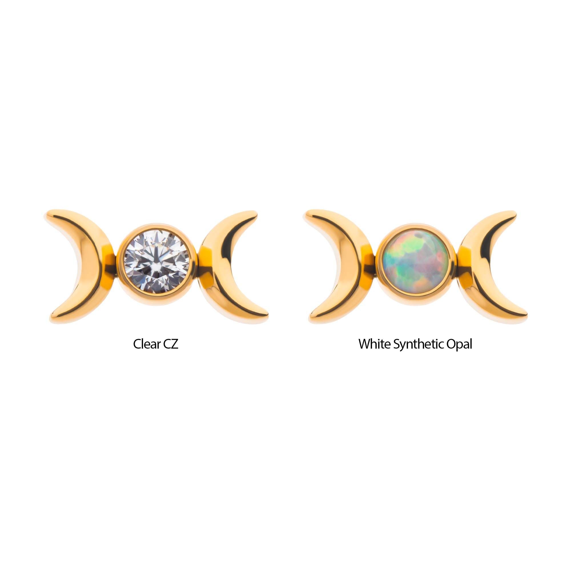 24Kt Gold PVD Titanium Threadless Triple Moon Phase CZ/Opal Top tip24ktls56c -Rebel Bod-RebelBod
