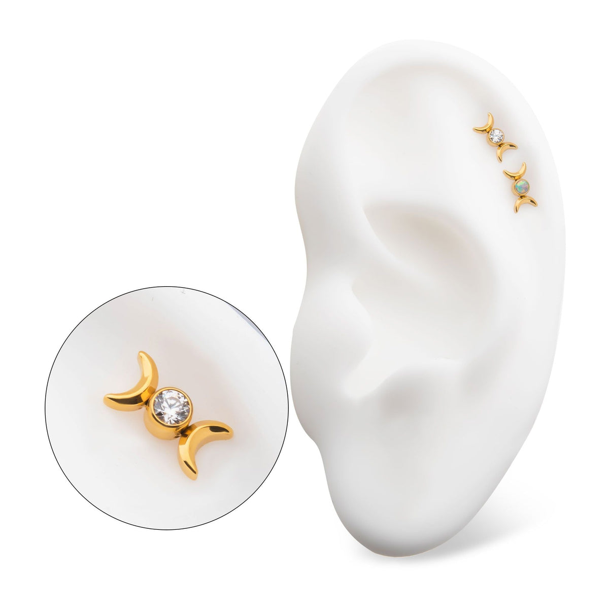 24Kt Gold PVD Titanium Threadless Triple Moon Phase CZ/Opal Top tip24ktls56c -Rebel Bod-RebelBod