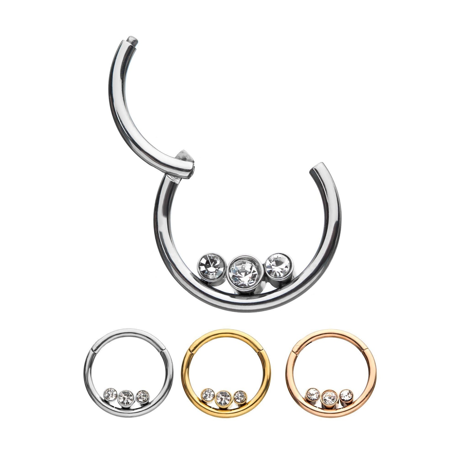 3 Bezel Set Inner Clear CZ Gem Clicker Hinged Segment Ring