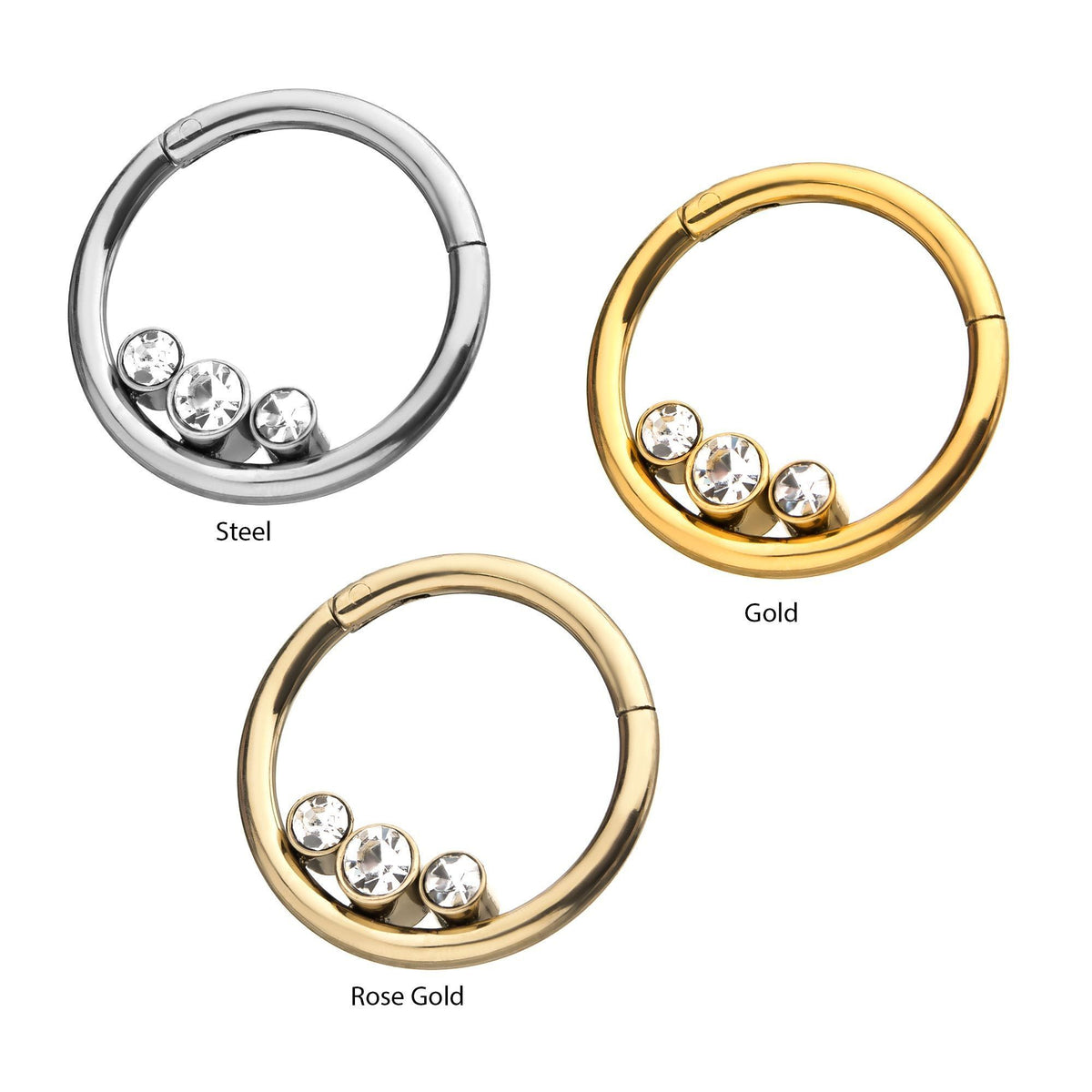 3 Bezel Set Inner Clear CZ Gem Clicker Hinged Segment Ring