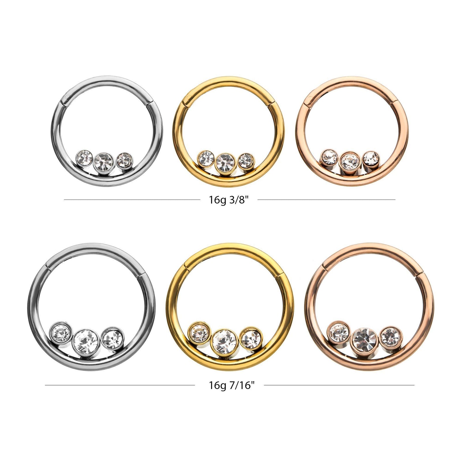 3 Bezel Set Inner Clear CZ Gem Clicker Hinged Segment Ring