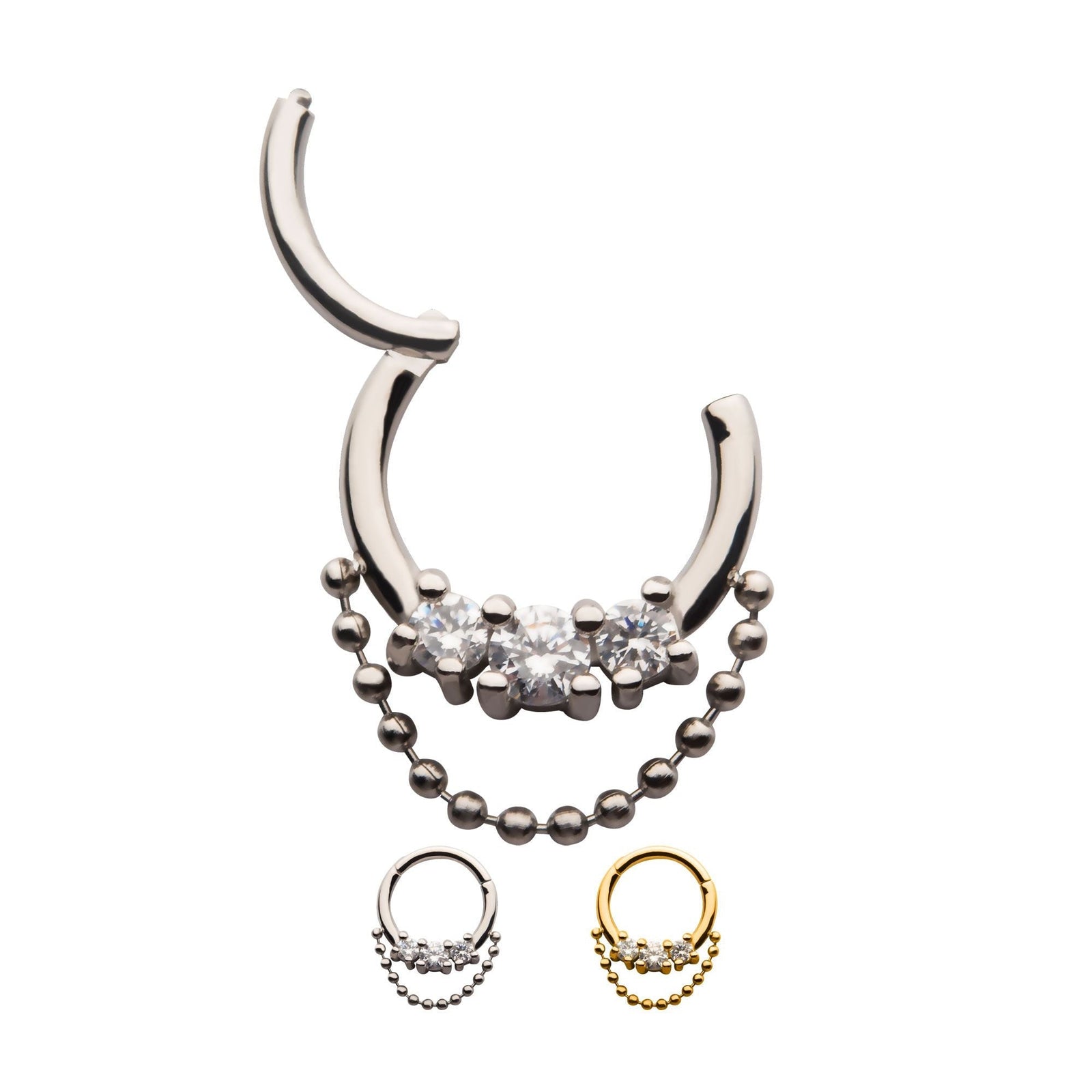 SEAMLESS CLICKER 3-Cluster Prong Set Clear CZ Dangling Ball Chain Front Facing Hinged Segment Clicker -Rebel Bod-RebelBod