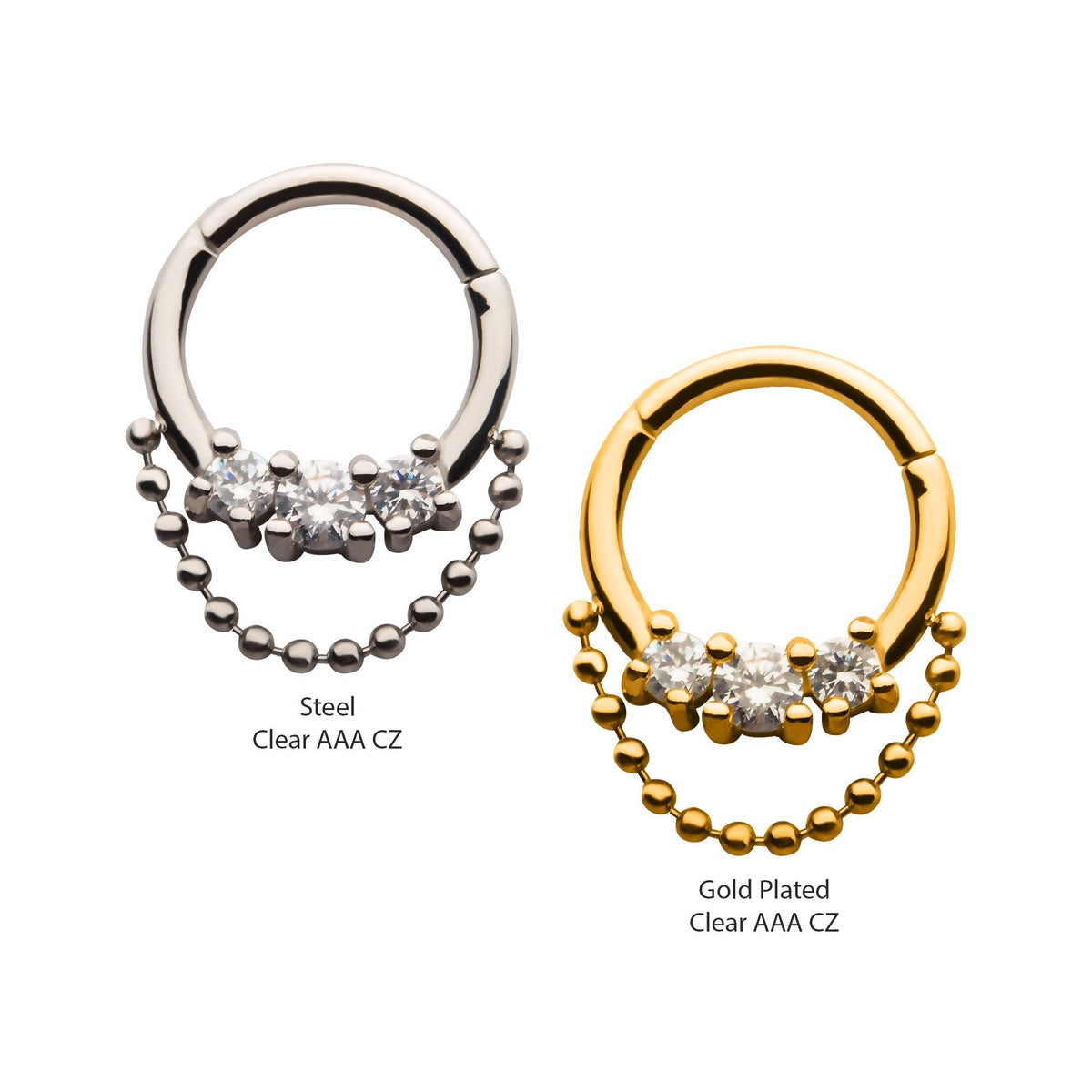 SEAMLESS CLICKER 3-Cluster Prong Set Clear CZ Dangling Ball Chain Front Facing Hinged Segment Clicker -Rebel Bod-RebelBod