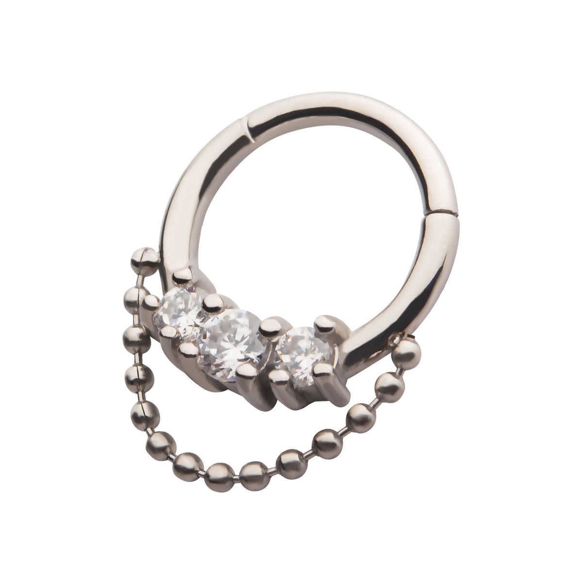 SEAMLESS CLICKER 3-Cluster Prong Set Clear CZ Dangling Ball Chain Front Facing Hinged Segment Clicker -Rebel Bod-RebelBod