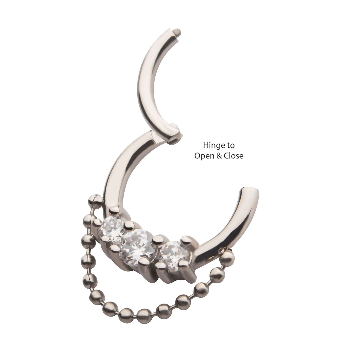 SEAMLESS CLICKER 3-Cluster Prong Set Clear CZ Dangling Ball Chain Front Facing Hinged Segment Clicker -Rebel Bod-RebelBod