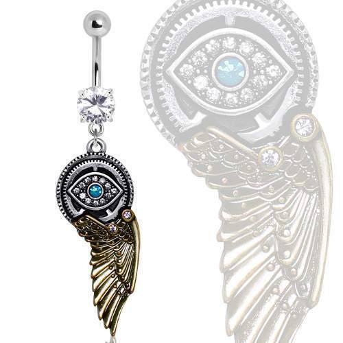316L Gemmed Steampunk All Seeing Eye Navel Ring w/ Mechanical Wing Dangle