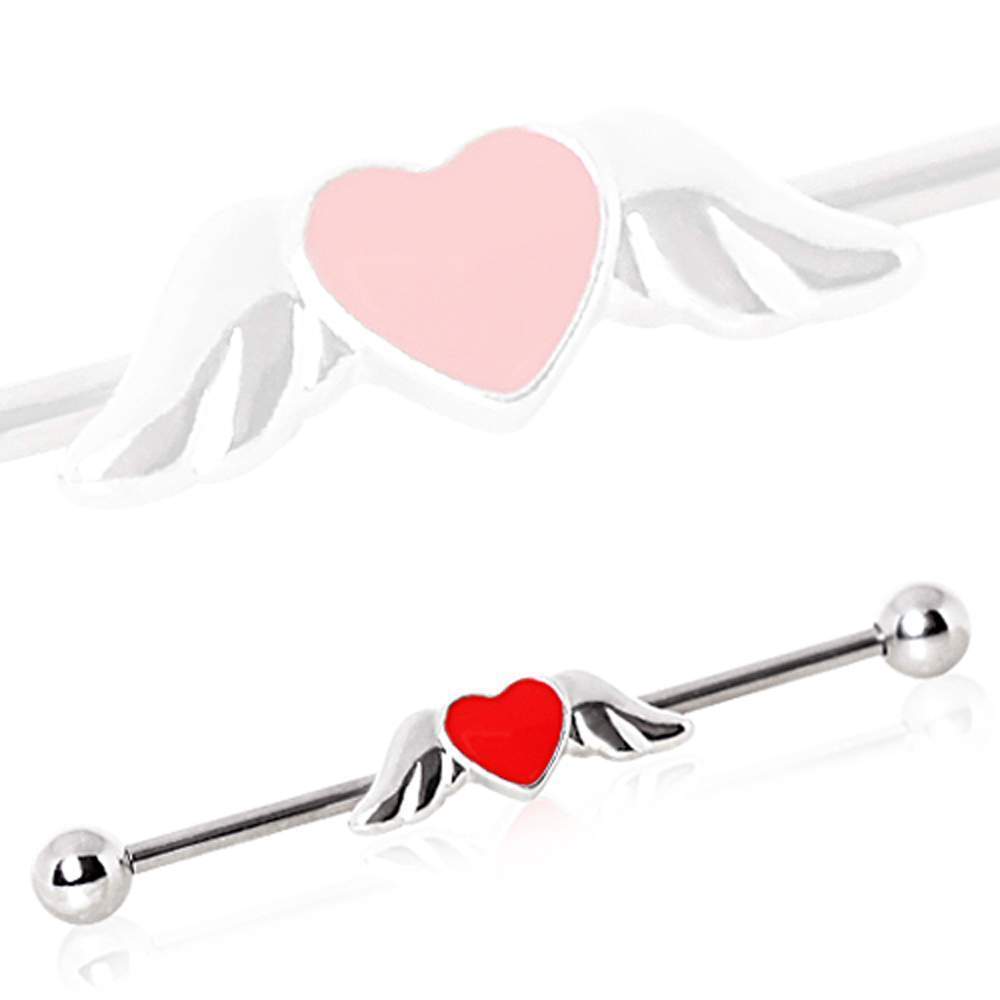 316L Industrial Barbell w/ Winged Heart - 1 Piece