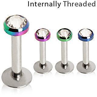 316L Internally Threaded Flat PVD Plated Top w/ Clear CZ Labret