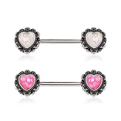 Filigree Opal Heart Nipple Barbell - 1 Piece