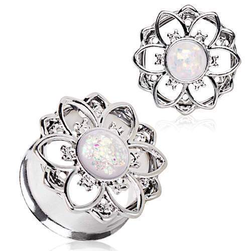 Flower Tunnel Plug White Synthetic Opal - 1 Piece