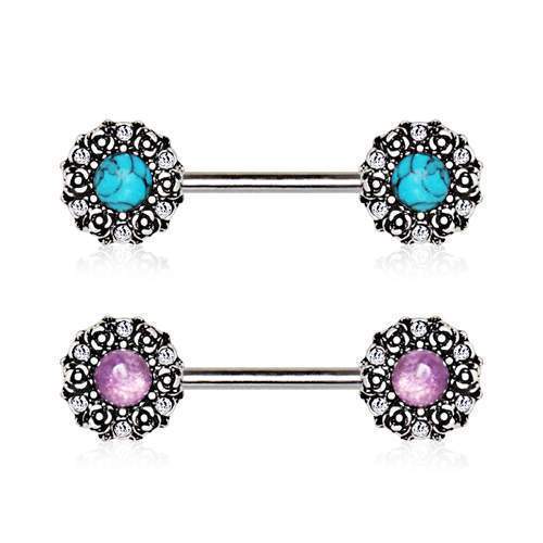 Medieval Rose Nipple Barbell Stone Inlay - 1 Piece