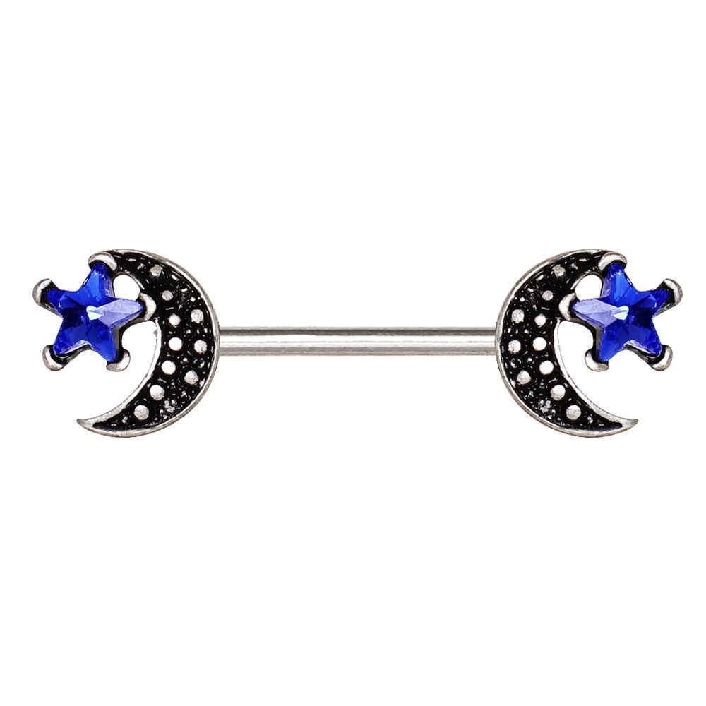 Moon and Blue Star Nipple Barbell - 1 Piece