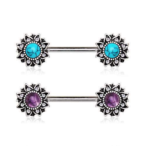 Mystical Sunburst Nipple Barbell Stone Inlay - 1 Piece