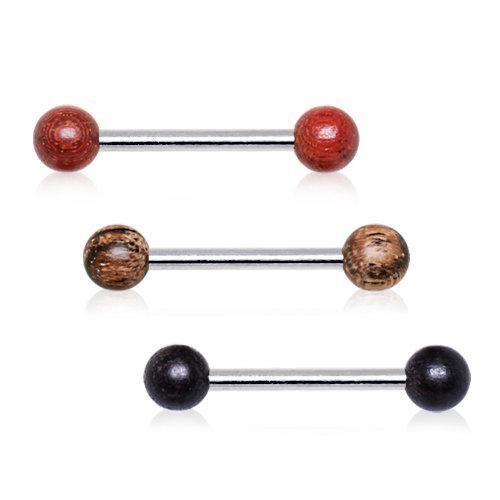 Nipple Barbell 316L Stainless Steel Nipple Bar with Organic Wood Balls - 1 Piece -Rebel Bod-RebelBod