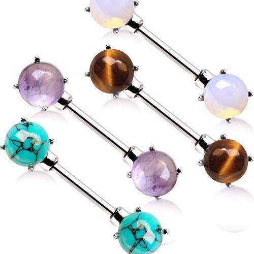 Nipple Barbell 316L Stainless Steel Nipple Bar with Prong Set Natural Stones - 1 Piece -Rebel Bod-RebelBod