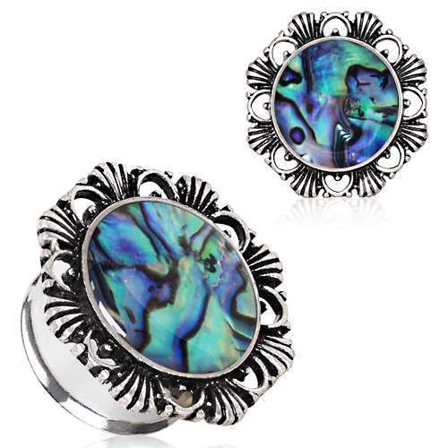 316L Stainless Steel Ornate Plug w/ Natural Abalone Inlay - 1 Piece