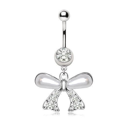 Pearl Bow Tie Dangle Navel Ring