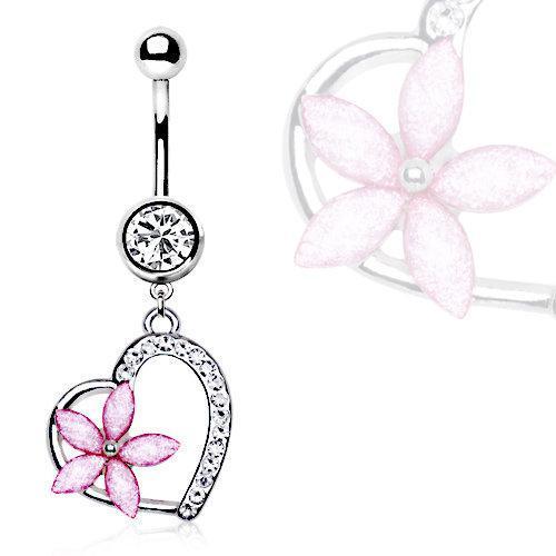 Pink Flower on a Heart Dangle Navel Ring