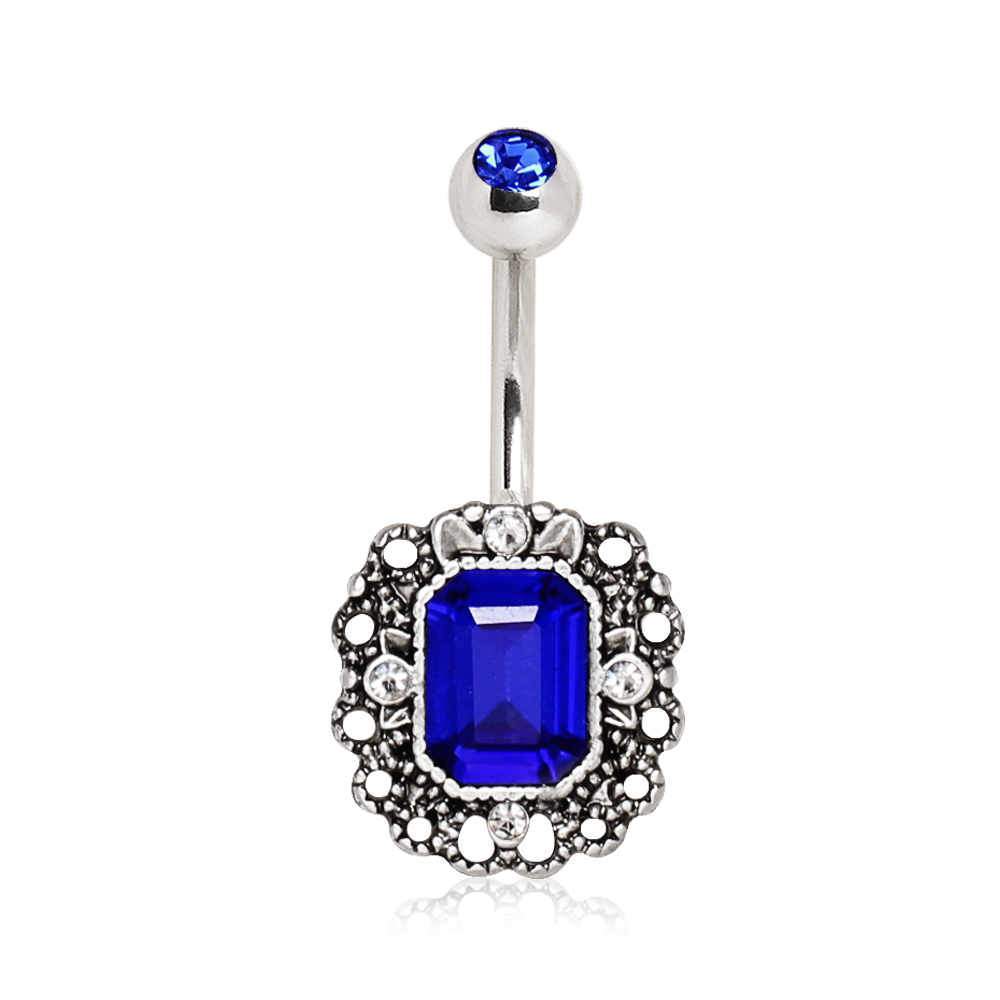 Radiant Cut Sapphire Blue CZ Ornate Navel Ring