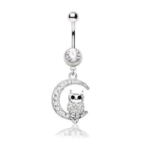 Belly Ring - Dangle 316L Stainless Steel Sparkling Owl on the Moon Navel Ring -Rebel Bod-RebelBod