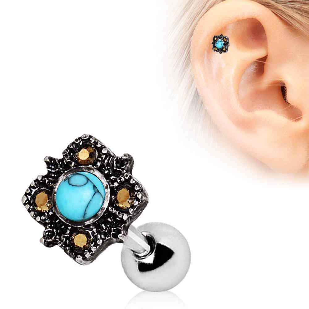 Square Filigree Cartilage Barbell Earring Turquoise - 1 Piece