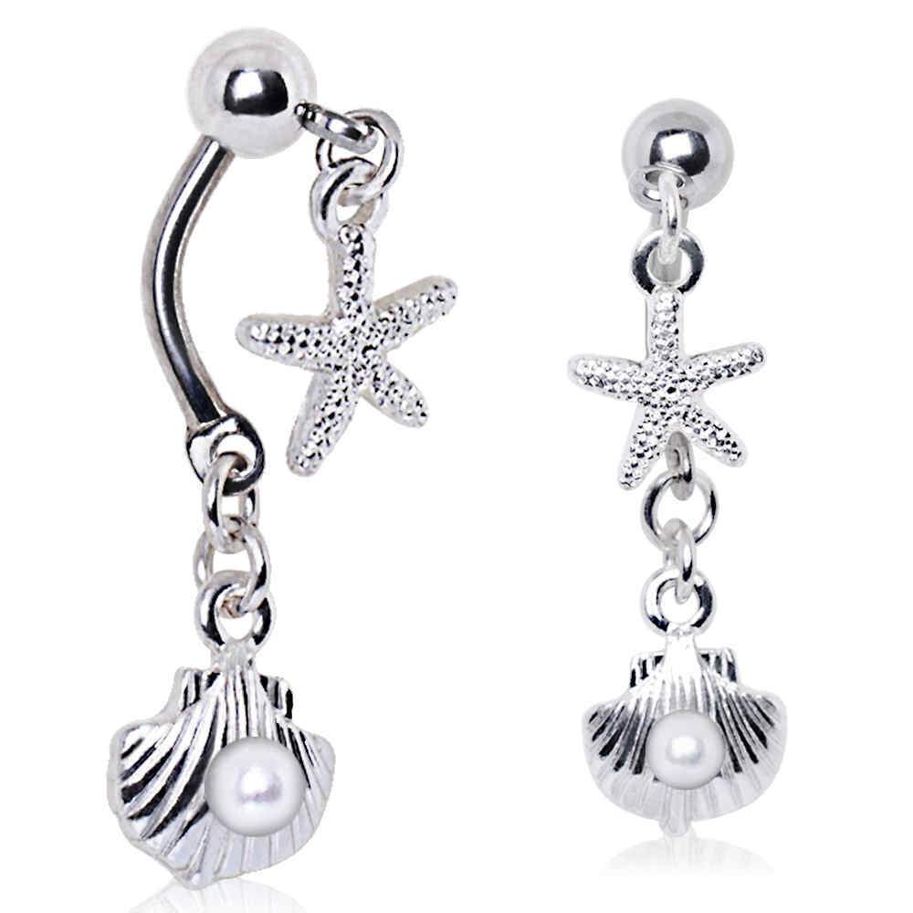 Starfish and Pearl Seashell Double Dangle Navel Ring