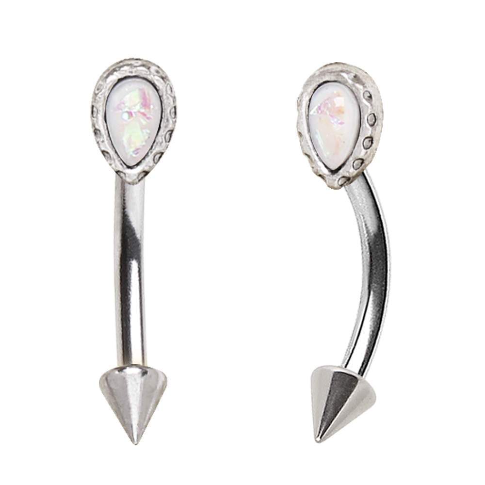 CURVED BARBELL 316L Stainless Steel Teardrop White Synthetic Opal &amp; Spike Eyebrow Ring -Rebel Bod-RebelBod