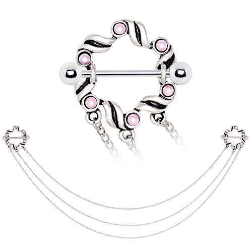 Nipple Chain 316L Stainless Steel Triple Chain Pink Ribbon Nipple Shields - 1 Pair -Rebel Bod-RebelBod