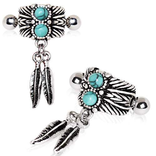 Cartilage Earring - Cartilage Cuff 316L Stainless Steel Turquoise & Feather Ear Cuff Cartilage Cuff Earring - 1 Piece -Rebel Bod-RebelBod