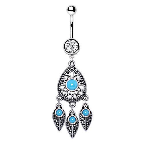 Turquoise Teardrop and Feather Dangle Navel Ring